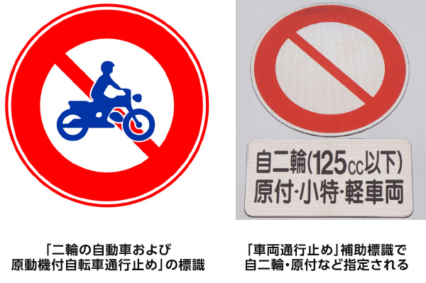 「二輪の自動車および原動機付自転車通行止め」の標識